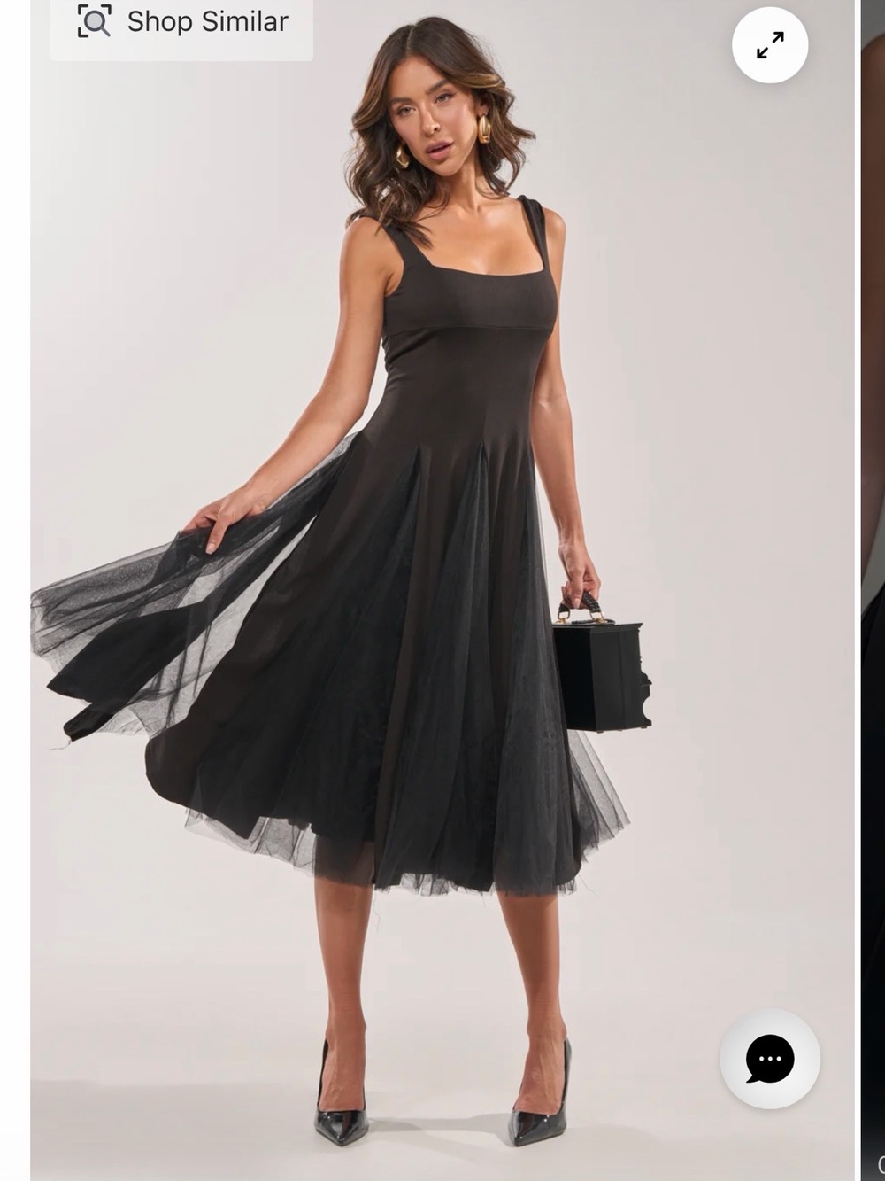 AKIRA Black Tulle Square Neck Midi Dress